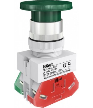 DEKraft ВK-22 Зеленый Выключатель кнопочный грибок с фикс. AEAL D=22мм 1з+1р (1НО+1НЗ) 220В